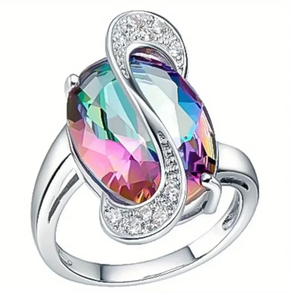 Elegant Multicolor Crystal Silver Ring Sz 9